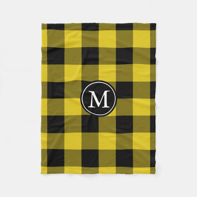 Yellow and Black Buffalo Check Monogram Fleece Blanket (Front)