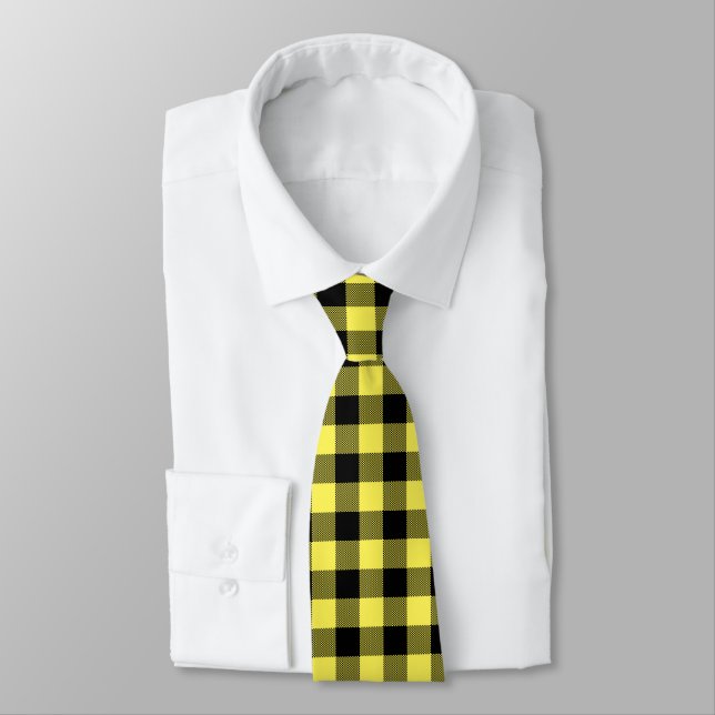 Yellow and Black Buffalo Plaid Patter Tie (Tied)