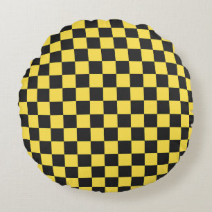 Yellow and black chequerboard pattern round cushion