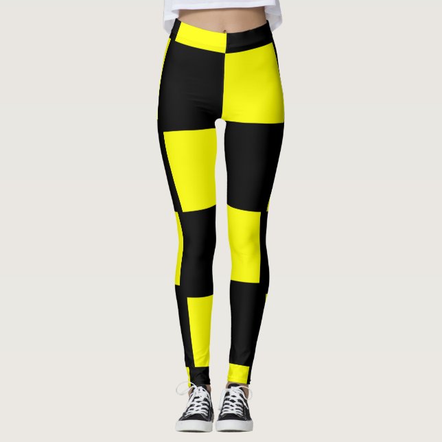 Yellow and Black Chequerboard Squares Leggings (Front)