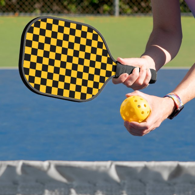 Yellow and Black Chequered Print Pickleball Paddle (Insitu)