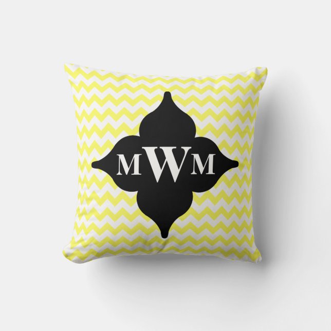 Yellow and black chevron monogram cushion (Front)