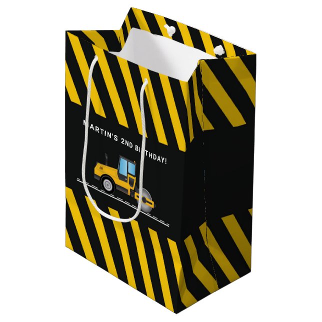 Yellow and Black Construction Birthday Favours Medium Gift Bag (Front Angled)