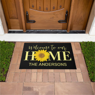 Yellow and Black Custom Name Sunflower Welcome Doormat