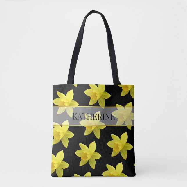 Yellow and Black Daffodil Pattern Personalised Tote Bag (Front)