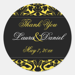 Yellow and Black Damask 1.5" Thank You Sticker