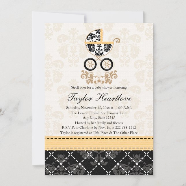 YELLOW AND BLACK DAMASK BABY CARRIAGE BABY SHOWER INVITATION (Front)