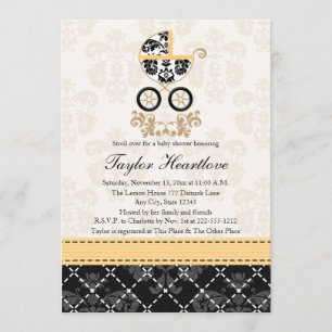 YELLOW AND BLACK DAMASK BABY CARRIAGE BABY SHOWER INVITATION