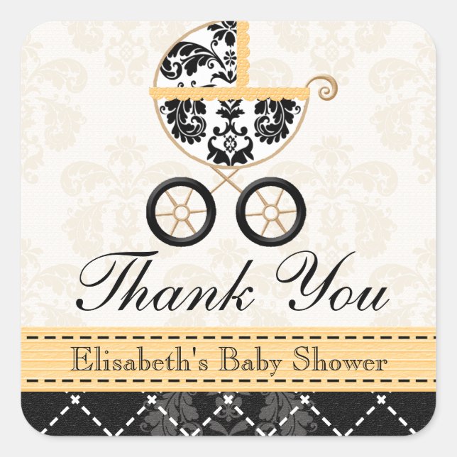 YELLOW and Black Damask Baby Carriage Thank You Square Sticker (Front)