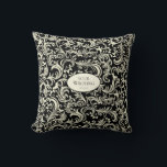 Yellow and Black Damask Personalized Cushion<br><div class="desc">This yellow and black damask throw pillow combines bold contrast with timeless elegance. The rich black background beautifully enhances the soft yellow floral swirl pattern, creating a refined and eye-catching design. At the center, a customizable text area allows you to add names, dates, or personal messages, making it perfect for...</div>