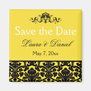 Yellow and Black Damask Save the Date Magnet