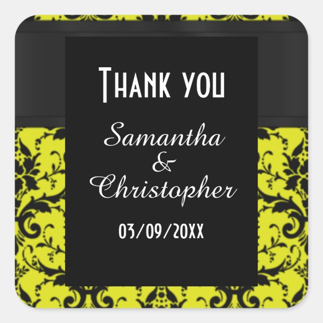 Yellow and black damask thank you square sticker (Front)