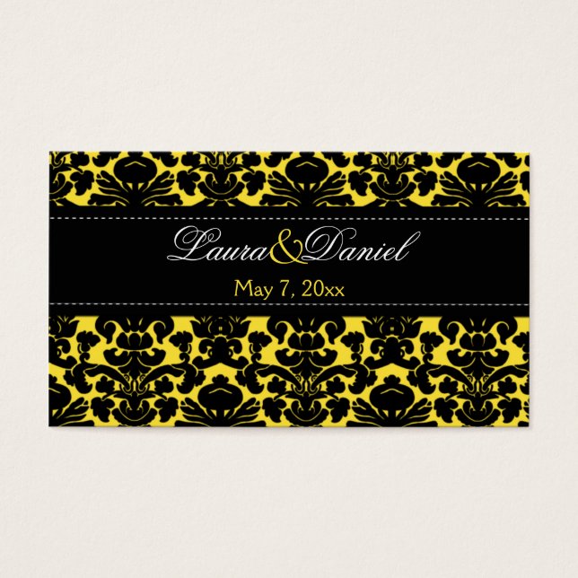 Yellow and Black Damask Wedding Favour Tag (Front)