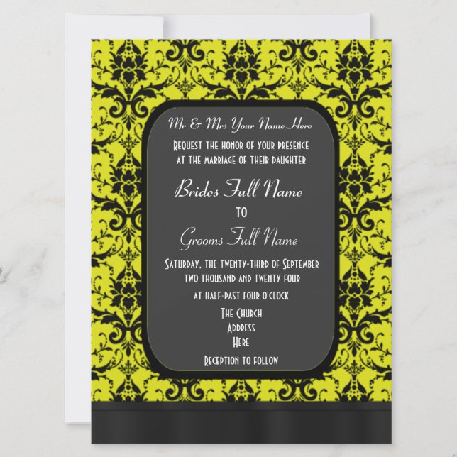 Yellow and black damask wedding invitation (Front)