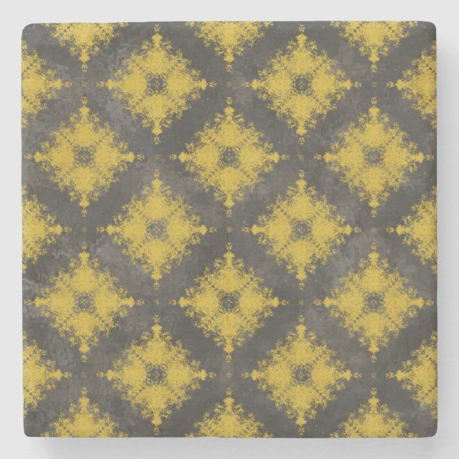 Yellow and Black Diamond Burst Pattern Stone Coaster (Front)