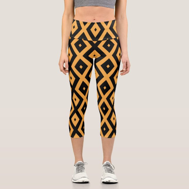 Yellow and black diamond pattern capri leggings (Front)