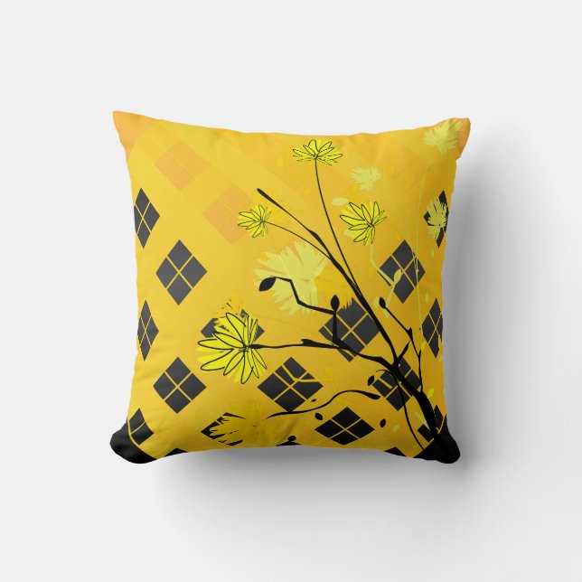 Yellow and Black Floral Abstract Pillow (Front)