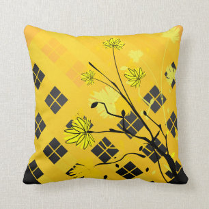 Yellow and Black Floral Abstract Pillow