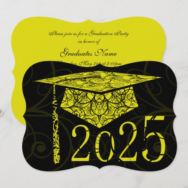 Yellow and Black Floral Cap 2025 Graduation Party Invitation (Front/Back)
