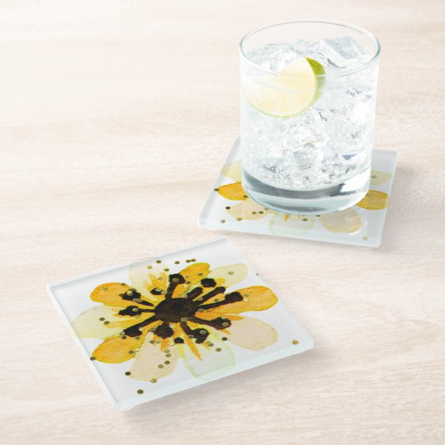 Yellow and Black Floral Coaster with Faux Glitter (Angled)