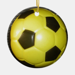 Yellow and black Football. Ceramic Tree Decoration