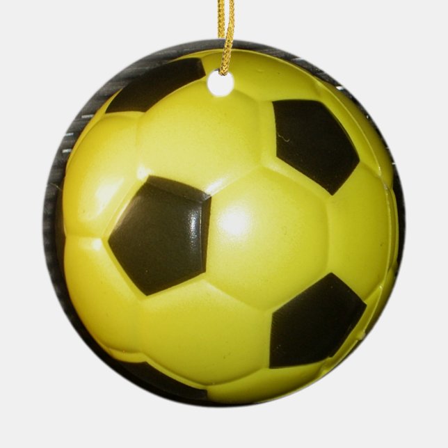Yellow and black Football. Ceramic Tree Decoration (Front)