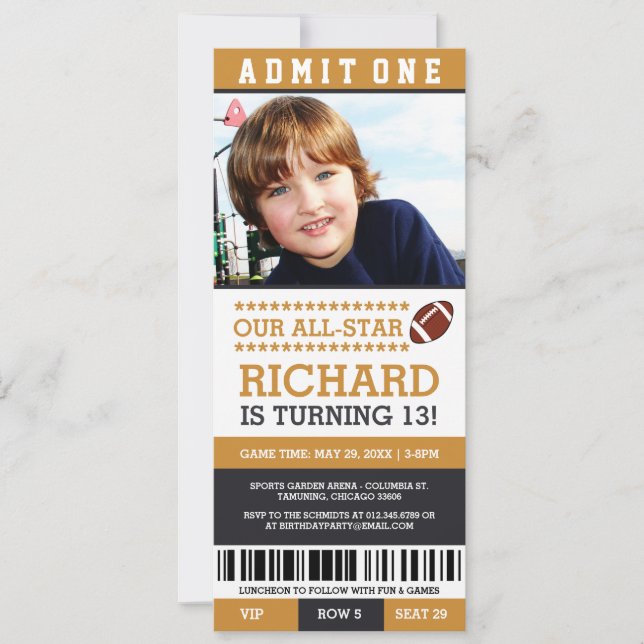 Yellow and Black Football Ticket Birthday Invites (Front)