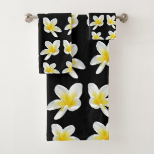 Yellow And Black Frangipani Pattern, Bath Towel Set