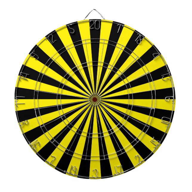 Yellow and Black Funky Sun Rays Retro Stripes Dartboard (Front)