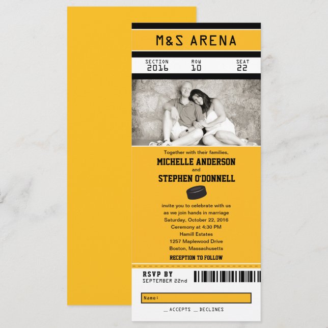 Yellow and Black Hockey Sport Ticket Wedding Invitation (Front/Back)