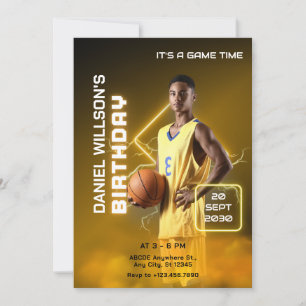 Yellow and black modern basketball photo birthday  invitation