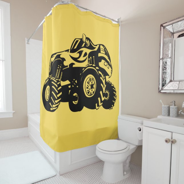 Yellow and Black Monster Truck Shower Curtain (In Situ)
