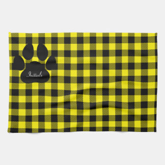 Yellow And Black Plaid Paw Print Kitchen Towel