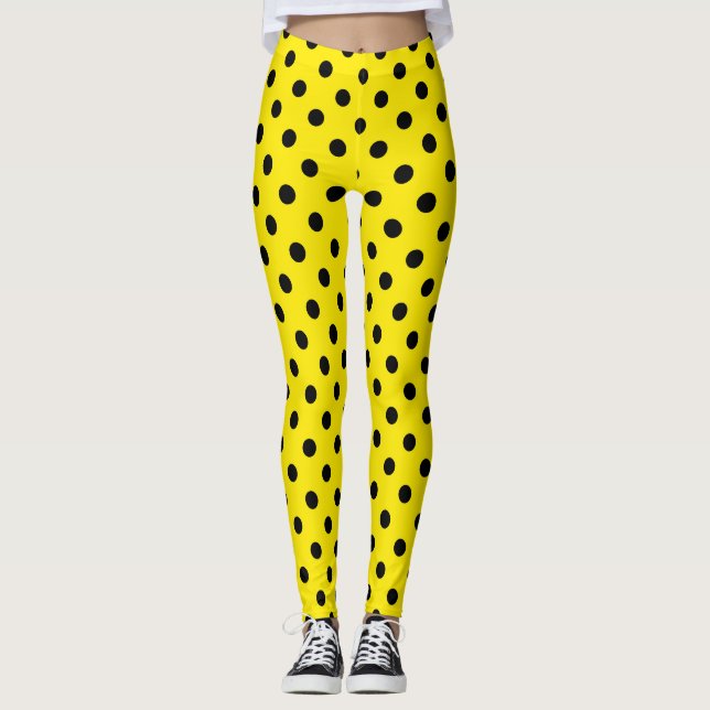 Yellow and Black Polka Dots Leggings (Front)
