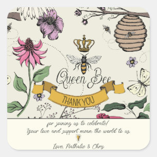 Yellow and Black Queen Bee and Crown Thank You Square Sticker