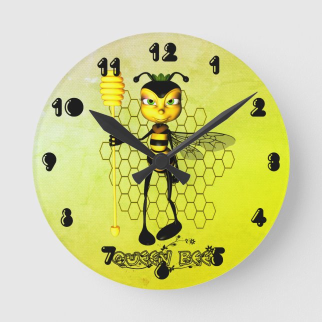 Yellow and black Queen Bee with honeycomb Round Clock (Front)