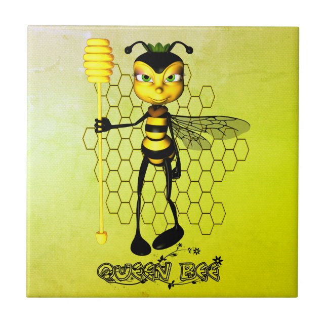 Yellow and black Queen Bee with honeycomb Tile (Front)