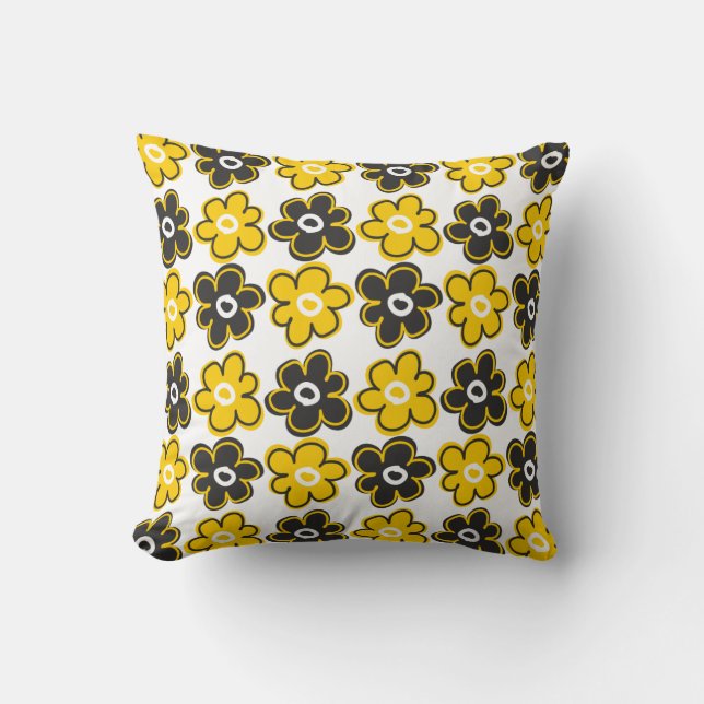 Yellow And Black Retro Flowers Pattern Cushion (Front)