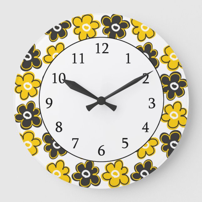 Yellow And Black Retro Flowers Pattern Large Clock (Front)