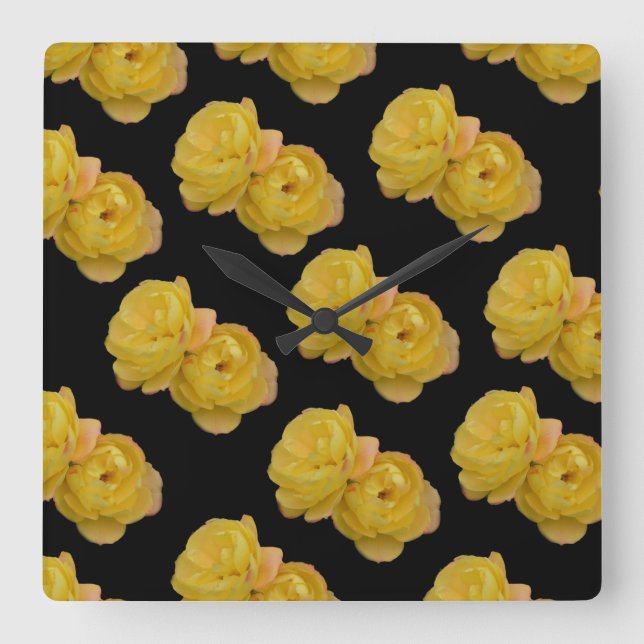 Yellow And Black Rose Pattern, Large Wall Clock. Square Wall Clock (Front)