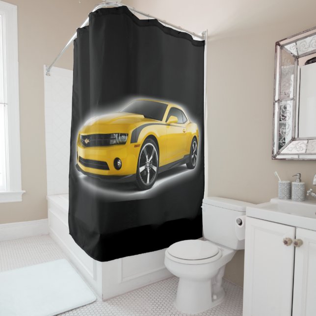Yellow and black sports car shower curtain (In Situ)