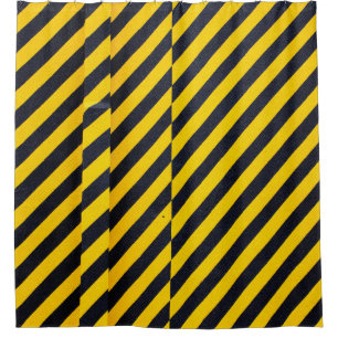 Yellow and black striped textile shower curtain