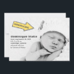 Yellow and Black Stripes Arrow Birth Announcement<br><div class="desc">Yellow and Black Stripes Arrow Birth Announcement  
 Modern birth announcement with a yellow and black stripes arrow sign. Fun and unique birth announcement yo give your family and friends.</div>