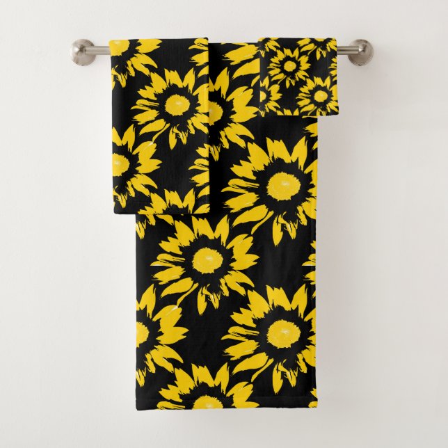 Yellow and Black Sunflower Pattern Bath Towel Set (Insitu)