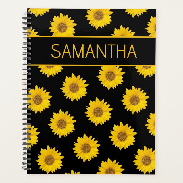 Yellow and Black Sunflower Pattern Custom Name Planner (Front)