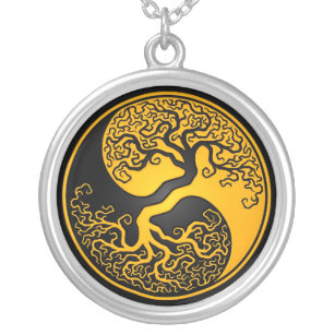 Yellow and Black Tree of Life Yin Yang Silver Plated Necklace