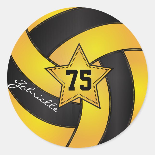 Yellow and Black Volleyball | DIY Name & Number Classic Round Sticker (Front)