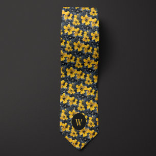 Yellow and Black Watercolor Floral Monogram Tie