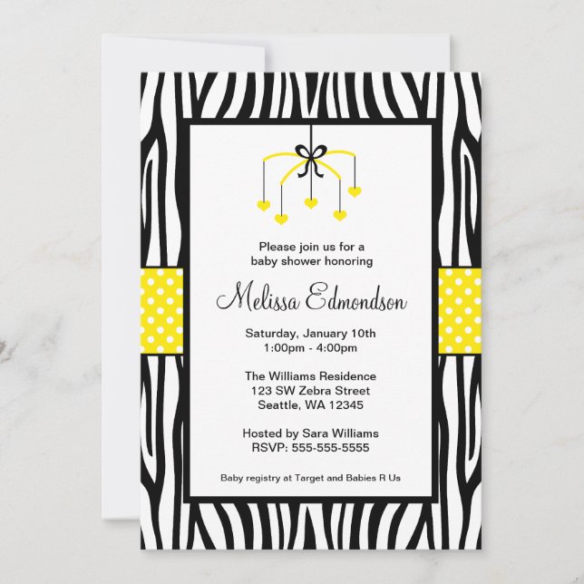 Yellow and Black Zebra Heart Mobile Baby Shower Invitation (Front)