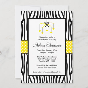Yellow and Black Zebra Heart Mobile Baby Shower Invitation